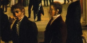 Aleksander Kokular z tabakierką w ręku na obrazie Wincentego Kasprzyckiego "Wystawa Sztuk Pięknych w Warszawie w 1828 roku".