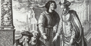 "Karta tytułowa z dzieła Heweliusza z wizerunkiem Kopernika."