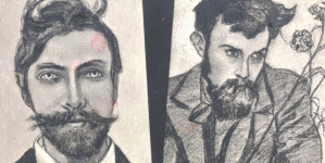 Dwa portrety Stanisław Wyspiańskiego, pierwszy wykonany przez samego artystę, drugi wykonany przez Jana Rembowskiego.