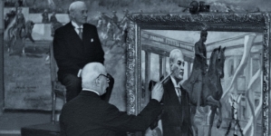 Prezydent Ignacy Mościcki podczas pozowania do portretu w pracowni artysty malarza Wojciecha Kossaka w Warszawie w 1934 r.