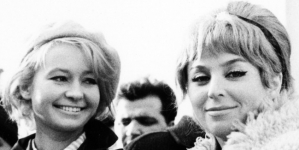 Elżbieta Czyżewska i Kalina Jędrusik na planie filmu Stanisława Lenartowicza "Giuseppe w Warszawie" z 1964 roku.