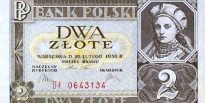 Polski banknot  dwuzłotowy z okresu międzywojennego z wizerunkiem księżnej Dobrawy.