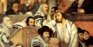 "Żydzi modlący się w synagodze w święto Yom Kippur" Maurycego Gottlieba.