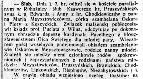  Notatka prasowa o ślubie Ksawerego Pruszyńskiego z Marią Meysztowiczówną.  