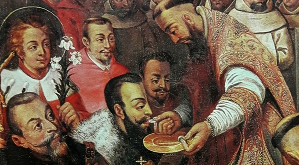  "Kazimierz IV Jagiellończyk wraz z synami przyjmuje komunię na Jasnej Górze w roku 1477" .  