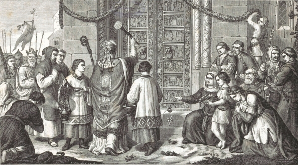  Reprodukcja rysunku Aleksandra Lessera "Poświęcenie drzwi w katedrze gnieźnienskiej".  