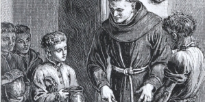 "Feliś Szaniawski późniejszy biskup krakowski, z garnuszkiem w refektarzu OO. Reformatów w Krakowie." Walerego Eljasza.