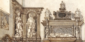 "Kaplica Tarnowskich w katedrze w Łowiczu. Wnętrze [...] z renesansowym nagrobkiem rycerza [Piotra Tarnowskiego, ojca Prymasa Tarnowskiego], figurami św. Łukasza, św. Jana, portretem duchownego, krucyfiksem oraz chrzcielnicą" Józefa Sierakowskiego