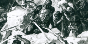 Fotografia obrazu autorstwa Stanisława Batowskiego przedstawiającego obronę zamku bełzkiego przed napadem tatarów."