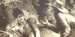 " . . . . . Pan Sędzia/ Schyliwszy się i ręce obmywszy w strumieniu,/ Usiadł przed Telimeną na wielkim kamieniu." Michała Elwiro Andriollego.