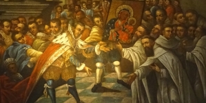"Fundacja klasztoru. Władysław, książę opolski ofiaruje obraz Matki Bożej ojcom paulinom na Jasnej Górze, 1382 r."