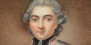 "Portret Michała Poniatowskiego na tle wnętrza z księgami i kotarą".