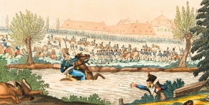 Scena śmierci Józefa Poniatowskiego.