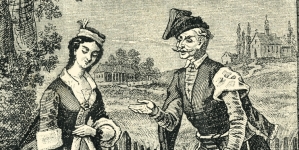 "Scena z opery Moniuszki pt. Verbum nobile. Pan Marcin Pakuła (p. Keller) i Zuzia (panna Dowiakowska)."