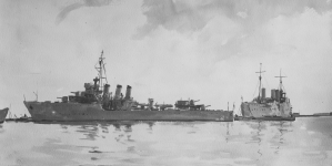 Akwarela artysty malarza Antoniego Suchanka "Okręty wojenne RP w porcie na Oksywiu".