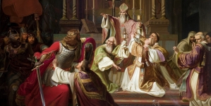 "Biskup Stanisław Szczepanowski rzucający klątwę na króla Bolesława Śmiałego" Juliusza Knoora.