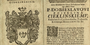 Herb, wiersz na herb i dedykacja dla Dobiesława Cieklińskiego, w książce księdza Andrzeja Wargockiego z roku 1648.