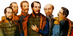 "Kossuth Lajos tábornokai körében. Balról: Klapka György, Perczel Mór, Henryk Dembiński, Kossuth Lajos, Bem József és Aulich Lajos."
