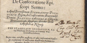 Stanisław  Sokołowski "Epithalamion episcopi cvm sva sponsa ecclesia sive De consecratione episcopi sermo apud serenissimum Stephanvm Polonorvm regem in consecratione [...] Joannis Andreae Caligarij [...]" (strona tytułowa)
