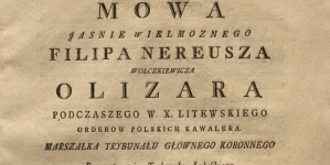 Strona tytułowa mowy Filipa Nereusza Olizara w druku wydanym z okazji otwarcia sesji Trybunału Koronnego w Lublinie w roku 1791.