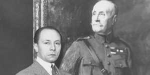 Artysta malarz Tadeusz Styka obok swojej pracy na wystawie w Chicago.