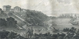 "Widok Teatru i portu w Odessie.  Szkicował L. Fuhrman.  Sztychował Frenzel w Dreźnie".