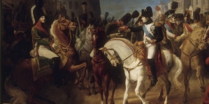 "Napoleon dekoruje w Tylży żołnierza rosyjskiego krzyżem Legii Honorowej (9 lipca 1807|" Jeana-Baptisty Debreta.