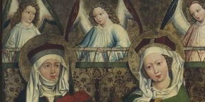 "Adoracja Dzieciątka (awers), św. Jadwiga, św. Elżbieta, św. Maria Magdalena" Mikołaja Obilmana.