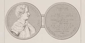 Rycina przedstawiająca medal wybity z okazji przybycia do Polski i ponownej elekcji Stanisława I w 1733.