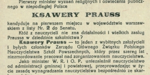 "Koledzy i Koleżanki! Pierwszy minister wyznań religijnych i oświecenia publicznego w niepodległej Polsce Ksawery Prauss kandytuje [...]