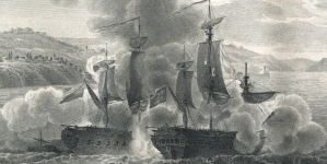 "Uyście Bosforu od morza czarengo, rycina ta wystawia potyczkę między  liniowym okrętem Tureckim i fregatą Moskiewską w roku 1790.  Rysował Cropin w Paryżu.  Sztychował Dobler w Pradze".