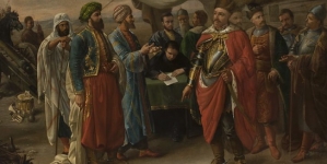 "Jan III podpisuje traktat z Turkami w Żurawnie" Romana Postempskiego.