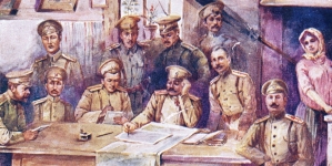 Legion Polski. 1915 : odprawa oficerów Legionu Polskiego u płk. Rządkowskiego.