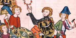Książę Henryk IV Prawy odbiera wieniec zwycięzcy turnieju rycerskiego.