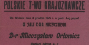 Afisz odczytu Mieczysława Orłowicza pt. "Pieniny"