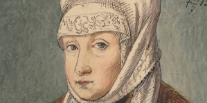 "Portret Izabeli Jagiellonki w stroju wdowim z około 1550 roku, według obrazu Lucasa Cranacha mł." Aleksandra Lessera.
