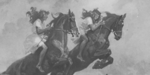 Obraz Zygmunta Rozwadowskiego przedstawiający panny W i D. Czaykowskie na koniu.