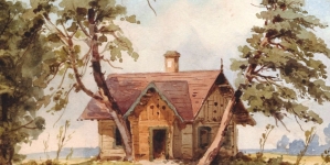 "Krajobraz z domkiem między sosnami" Józefa Szermentowskiego.