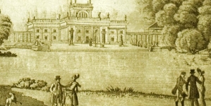 "Widok Pałacu i Amfiteatru w Łazienkach".