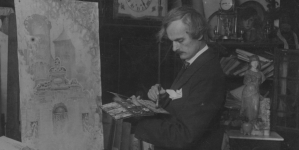 Bronisław Kopczyński podczas malowania obrazu w swojej pracowni.