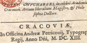 "Epithalamivm illustrissimis nouis coniugibus Stanislao Comiti in Wisnicz Lubomirski [...] et Sophiae Alexandri ducis in Ostrog [...] filiae" Piotra Mucharskiego.