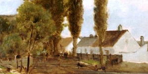"Krajobraz z drzewami i domami" Zygmunta Sidorowicza.