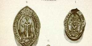 Tablica z zabytkowymi pieczęciami  z "Archiwum książąt Lubartowiczów Sanguszków w Sławucie. T. 2, 1284-1506".