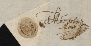 Podpis i odcisk pieczęci Stanisława Sobockiego, "Rotmistrza i Dworzanina Jego Królewskiej Mości", na kwicie wystawionym w Poznaniu 28 kwietnia 1583.