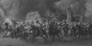 Obraz Zygmunta Rozwadowskiego "Zajęcie Urzędowa przez 1 pułk ułanów legionów polskich w 1915".