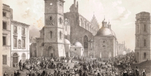 "Widok Krakowa po pożarze w 1850 r., przedstawiający nabożeństwo przy rozpoczęciu odbudowy kościoła dominikanów"