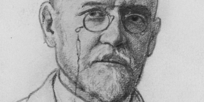 Rysunek artystki malarki Kądzewskiej z 1925 roku przedstawiający portret profesora Uniwersytetu Jagiellońskiego Jerzego Mycielskiego.