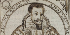 Strona z rękopisu Andrzeja Dell`Aqua "Praxis ręczna działa. Księga I. Traktat I" z wizerunkiem autora.