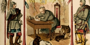 Jan Chryzostom Pasek spisujący pamiętniki między postaciami żołnierzy z epoki.