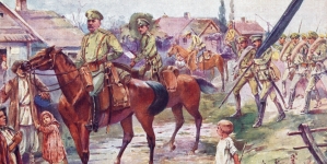 Legion Polski. 1915 : przemarsz Legionu Polskiego przez wieś w radomkiem (wiosna 1915 r.)